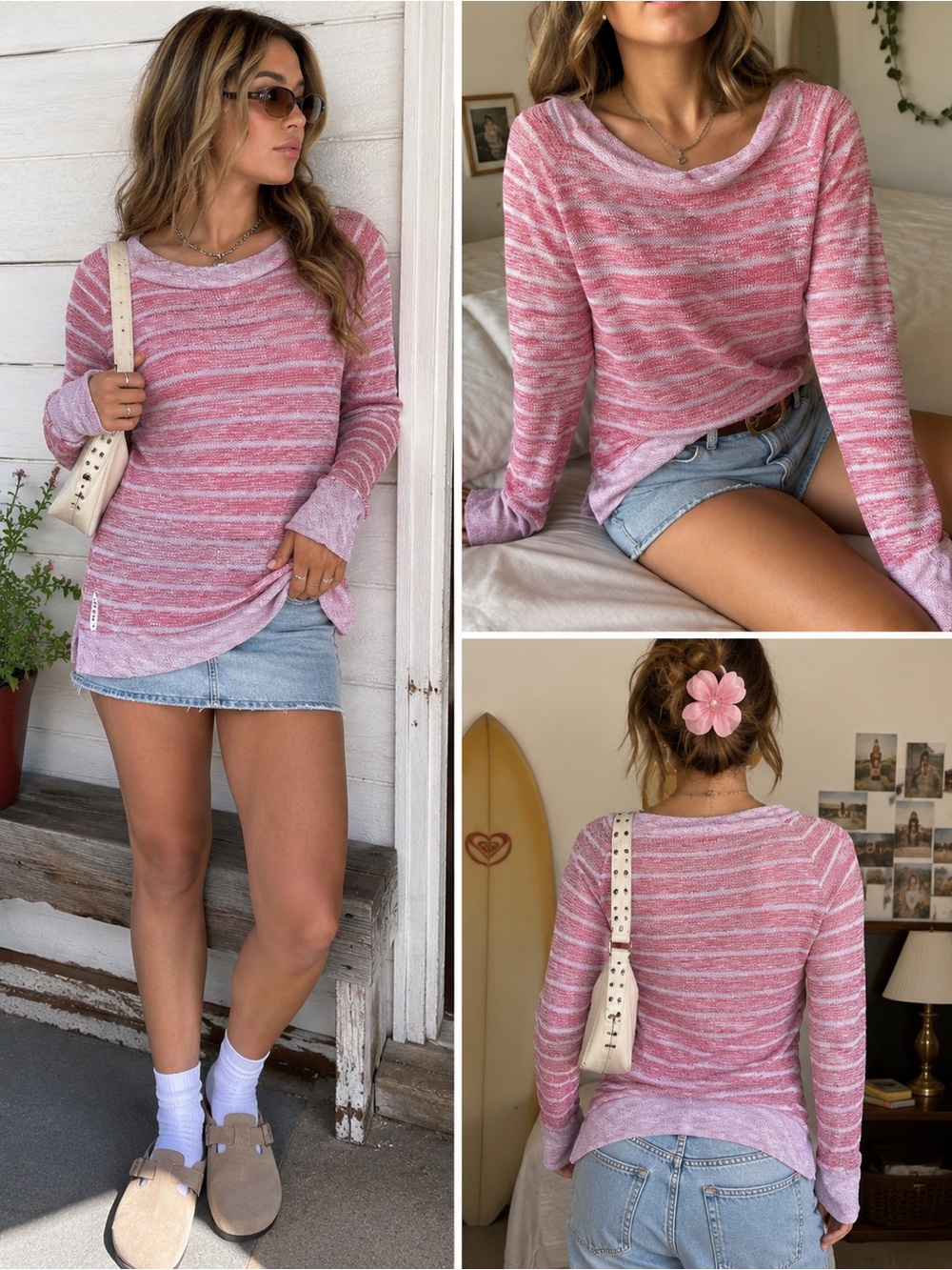 2012 Roxy Pink White Striped Lightweight Cowl Neck Sweater Tunic Size L